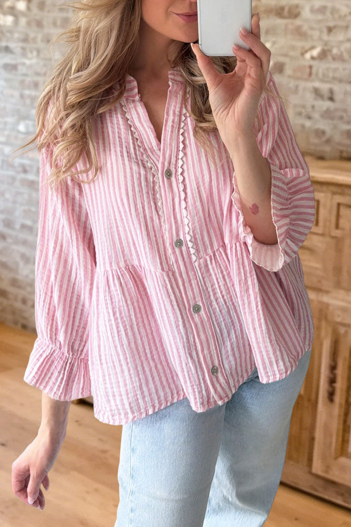 Striped Lace Button Blouse