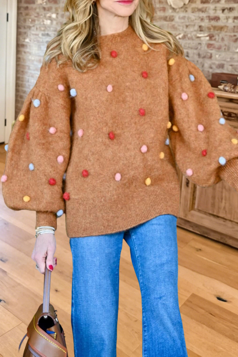 Polka Dot Pom Lantern Sleeve Sweater
