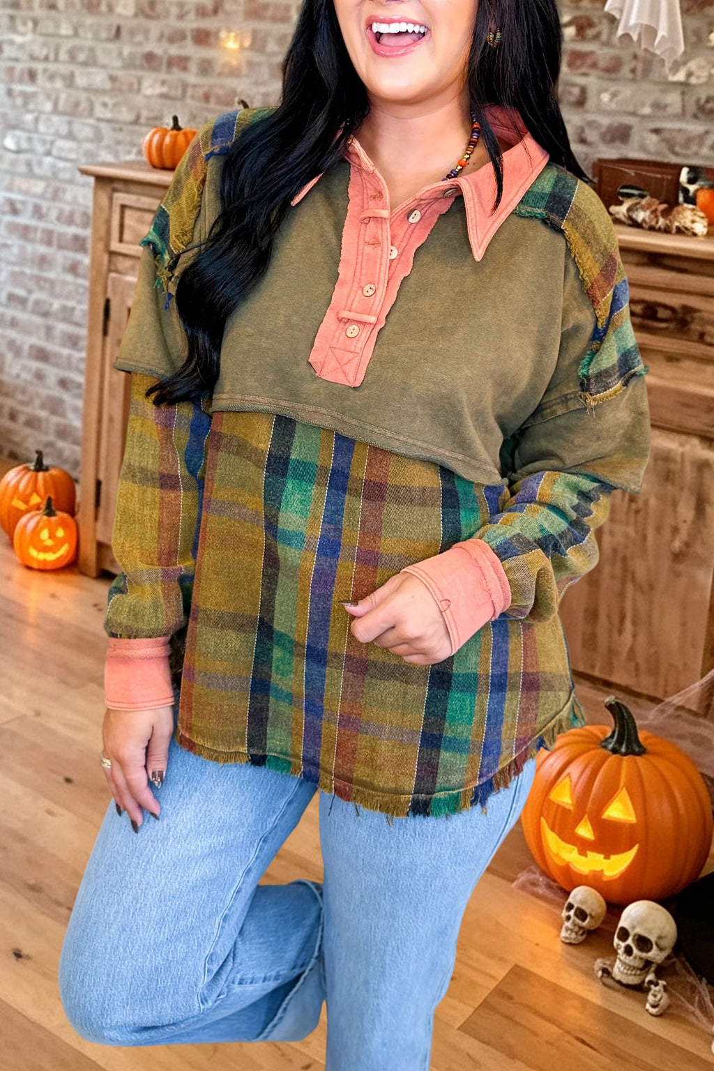 Plaid Raw Hem Henley Pullover Top