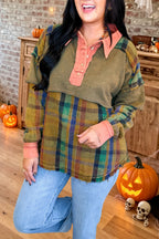 Plaid Raw Hem Henley Pullover Top