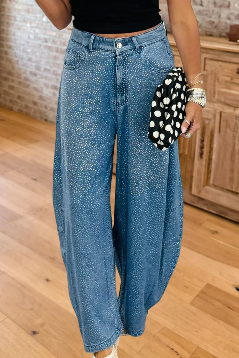 Rhinestone High Waist Wide Leg Jeans