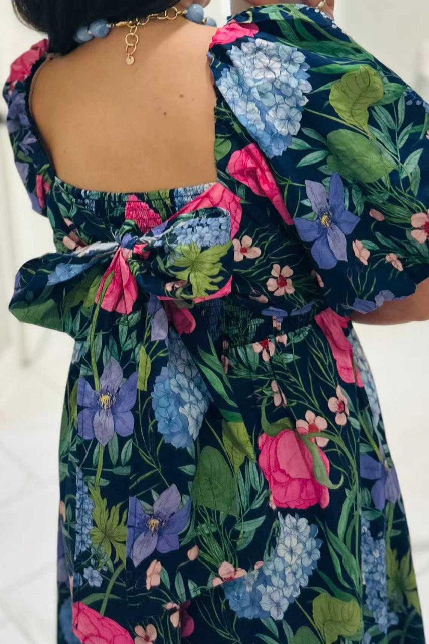 Floral Square Neck Puff Sleeve Maxi Dress