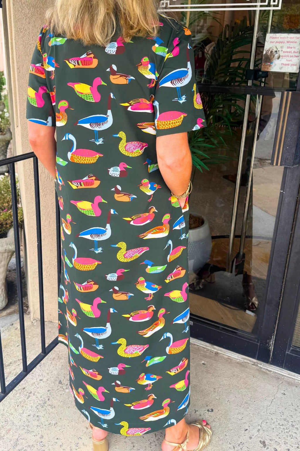 Duck Print Short Sleeve Maxi Dress