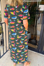 Duck Print Short Sleeve Maxi Dress