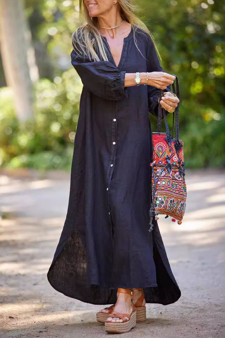 V-Neck Button Maxi Shirt Dress