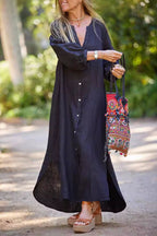 V-Neck Button Maxi Shirt Dress