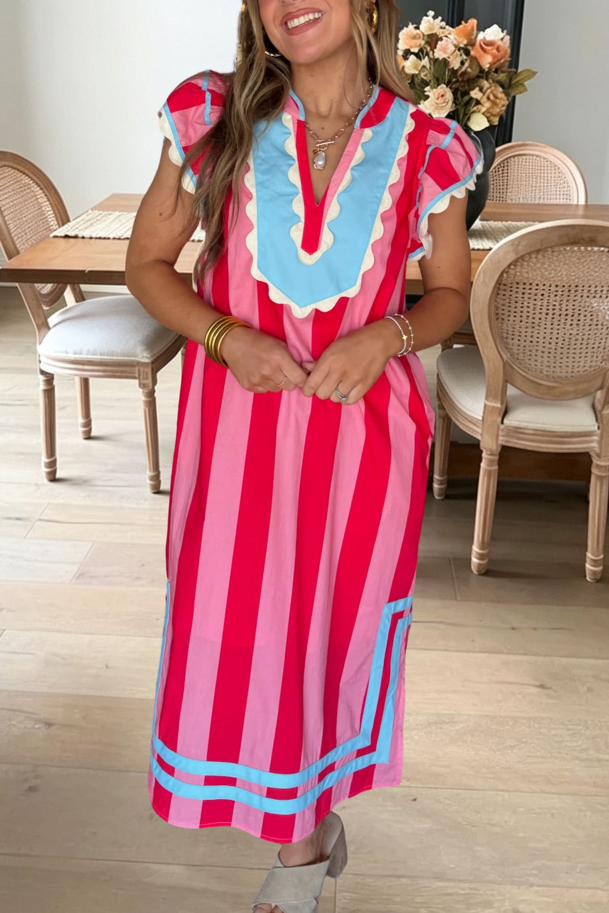 Striped Scalloped Flutter Sleeve Dress