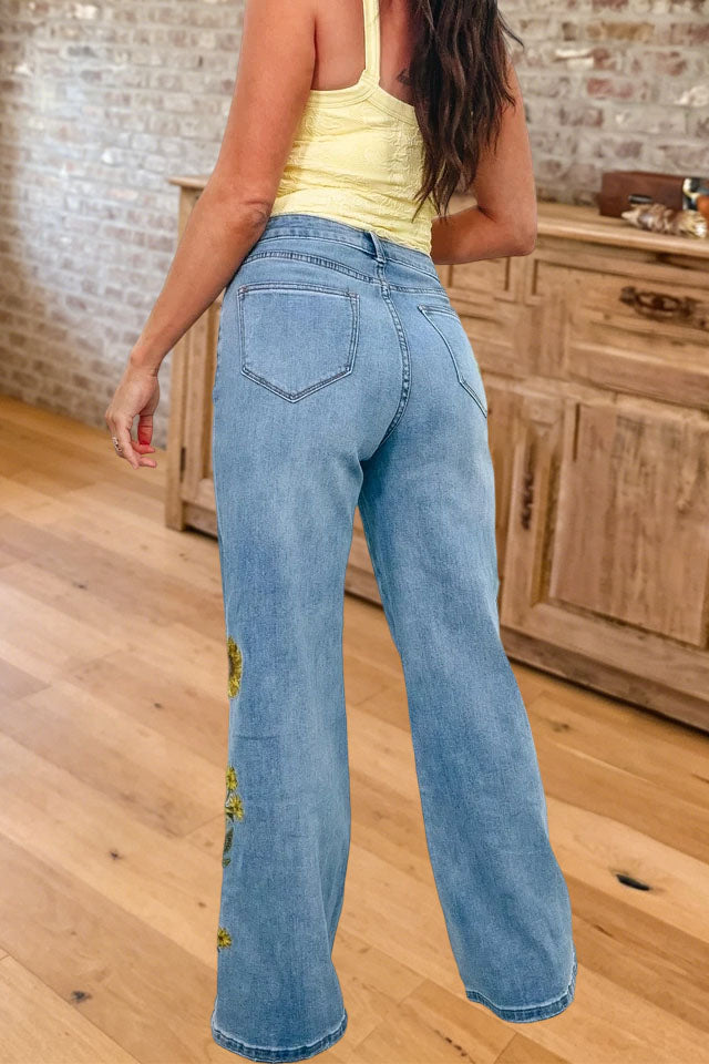 Sunflower Embroidered Wide Leg Jeans