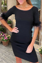 Feather Trim Ribbed Bodycon Dress