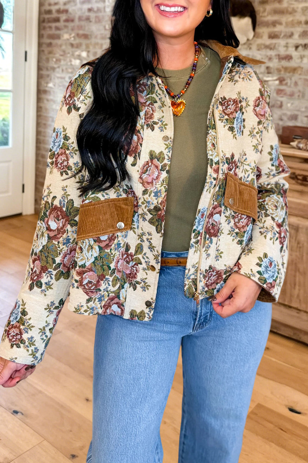 Floral Print Corduroy Accent Jacket