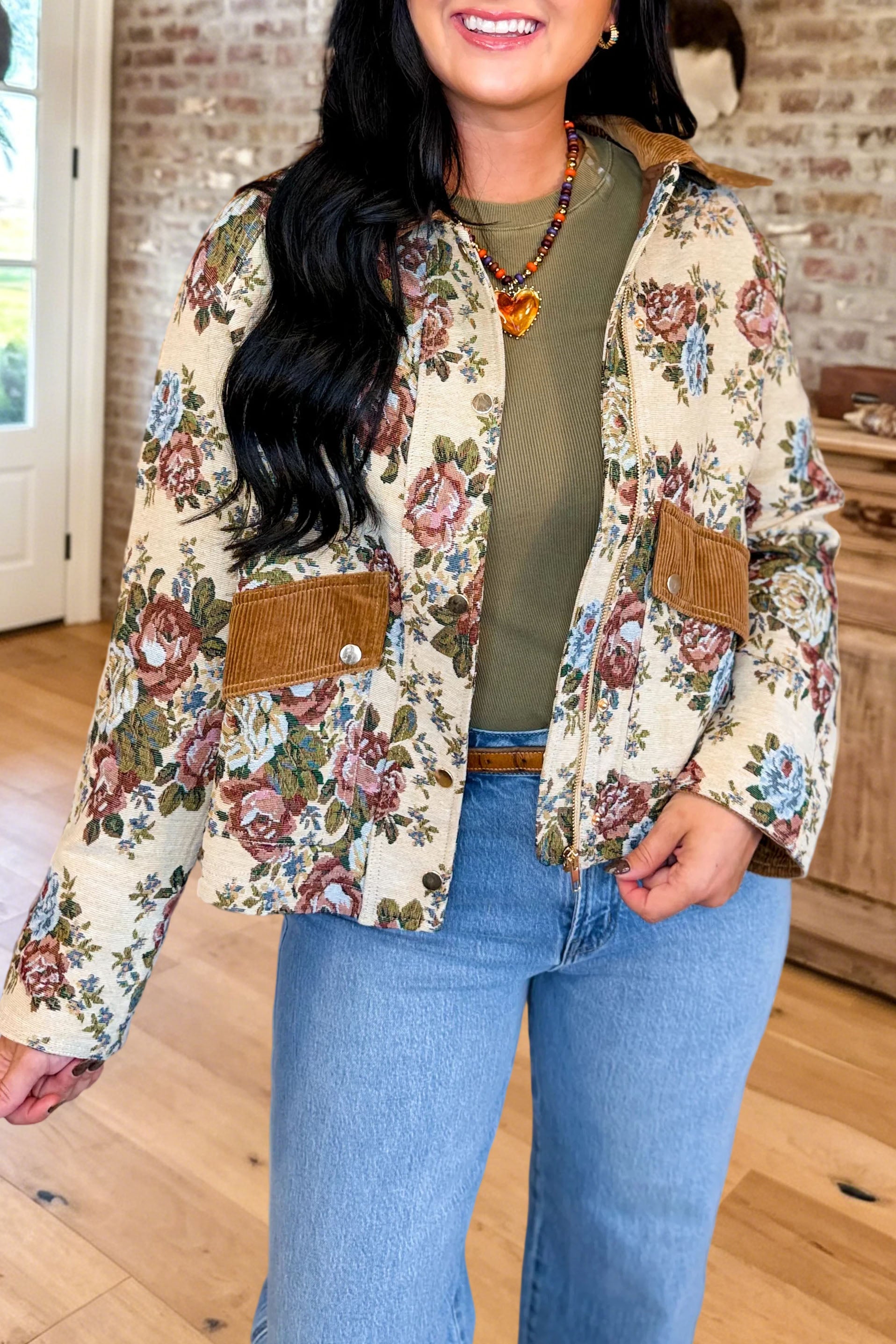 Floral Print Corduroy Accent Jacket