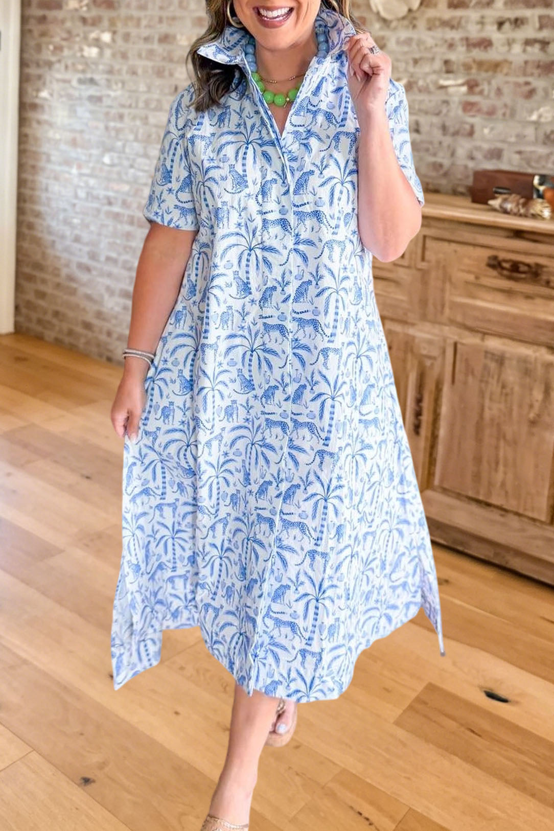 Palm Leopard Print Shirt Midi Dress