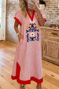 Striped Embroidered V-Neck Maxi Dress