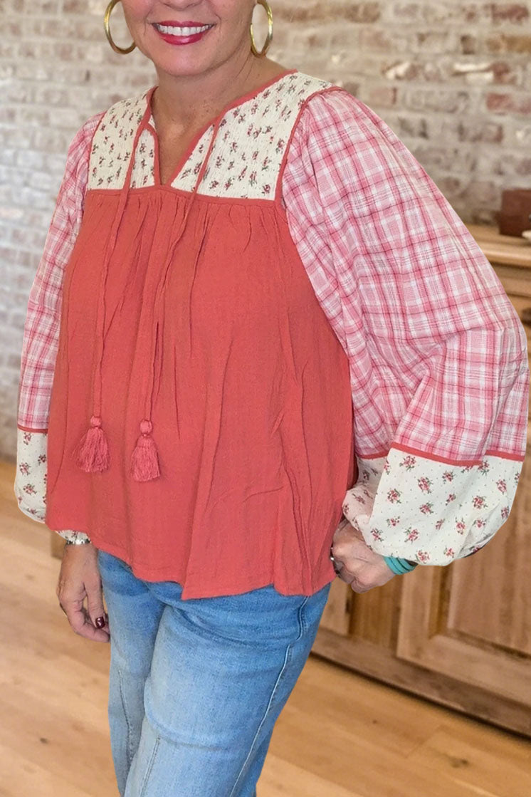 Floral Patchwork Tie Blouse