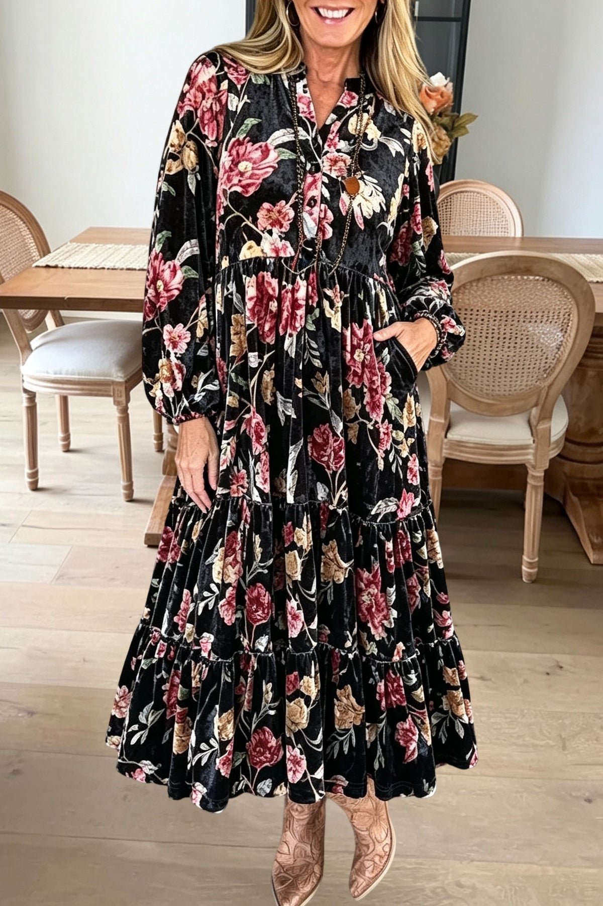 Floral Velvet Tiered Pocket Maxi Dress