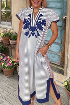 Striped Embroidered V-Neck Maxi Dress