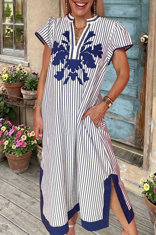 Striped Embroidered V-Neck Maxi Dress