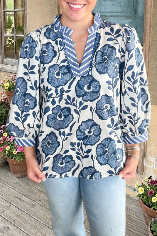 Floral Print V-Neck Ruffle Blouse