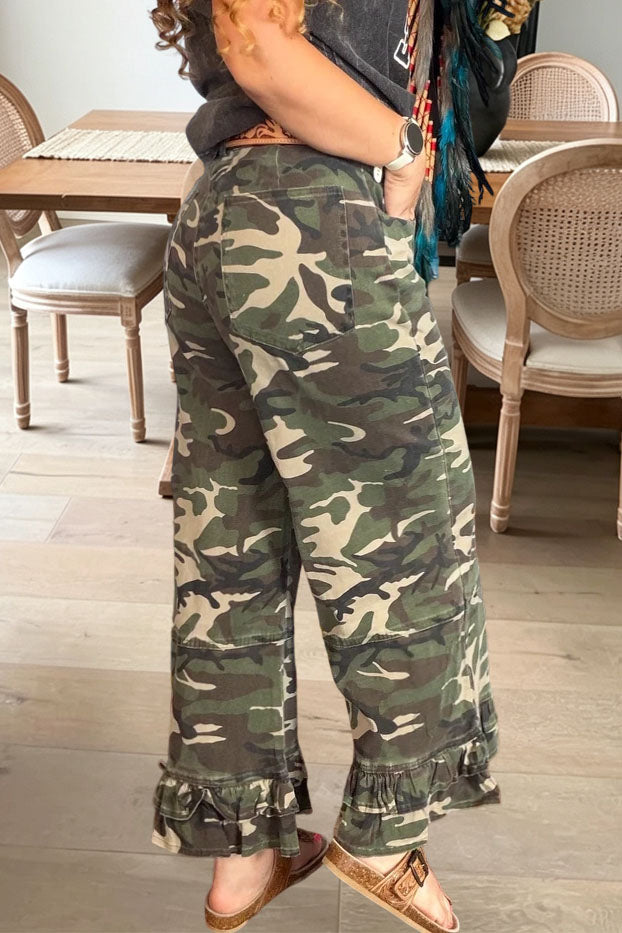 Ruffled Hem Camo Wide Leg Pants