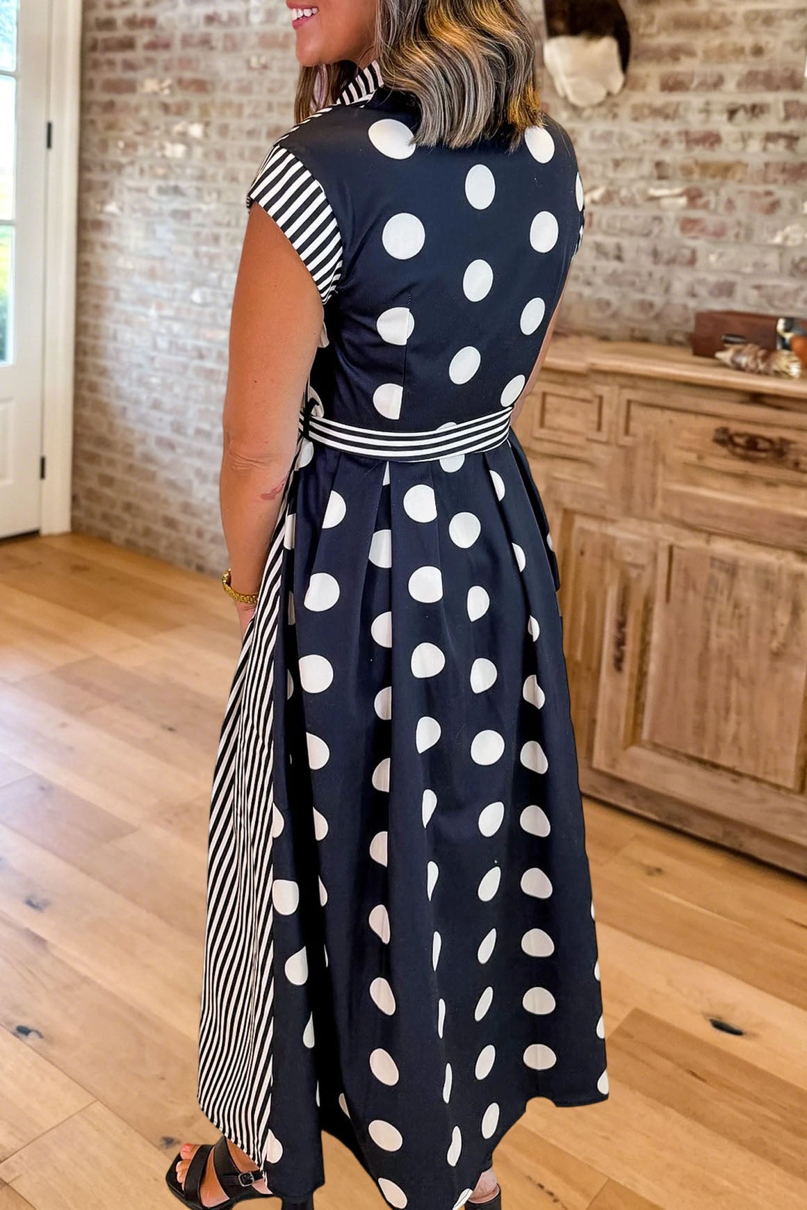 Striped Polka Dot Belted Shirt Dress