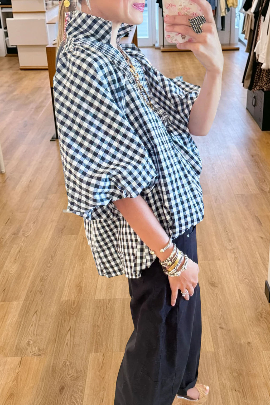 Casual Plaid Pleated V-Neck Top
