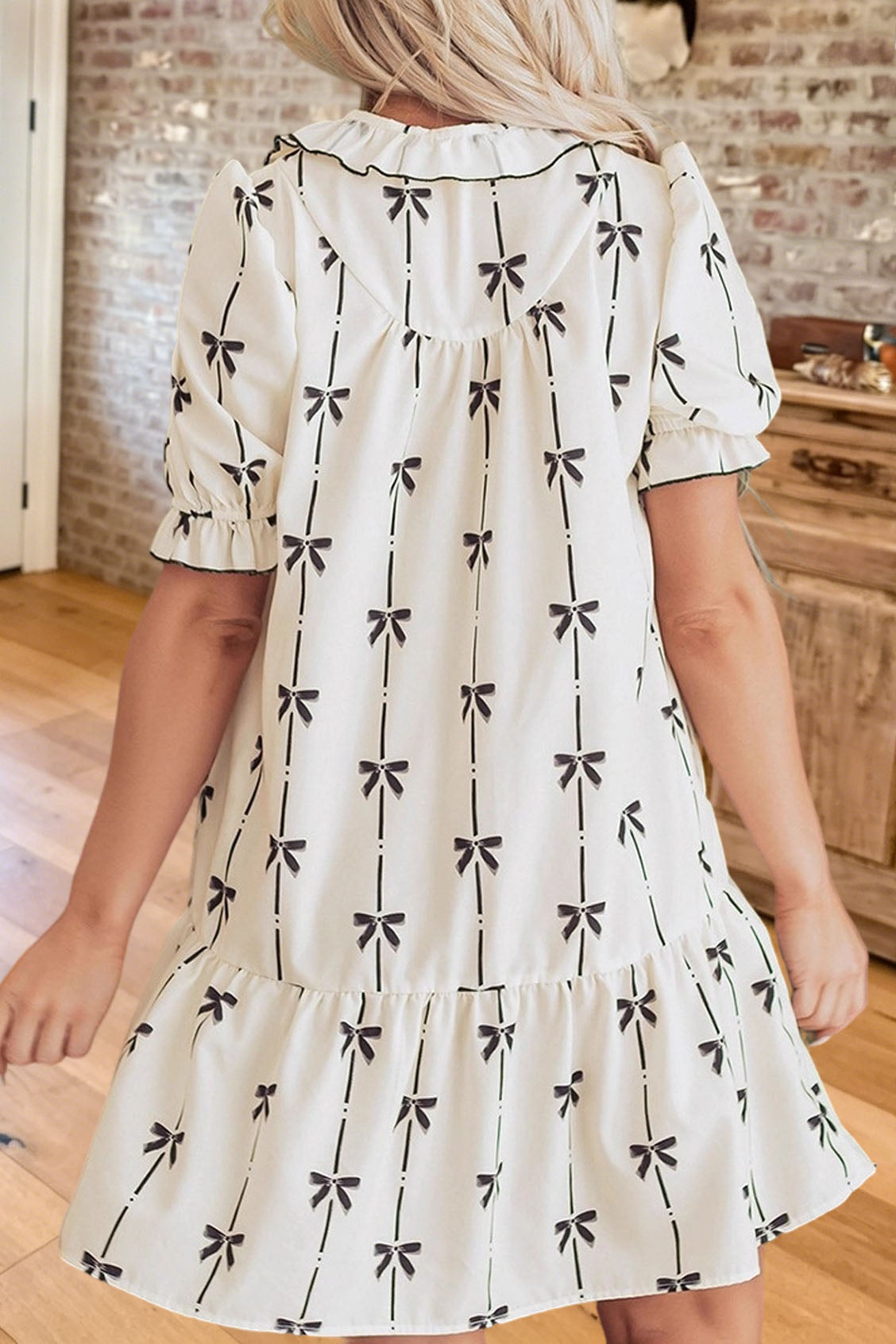 Bow Print Ruffle Hem Mini Dress