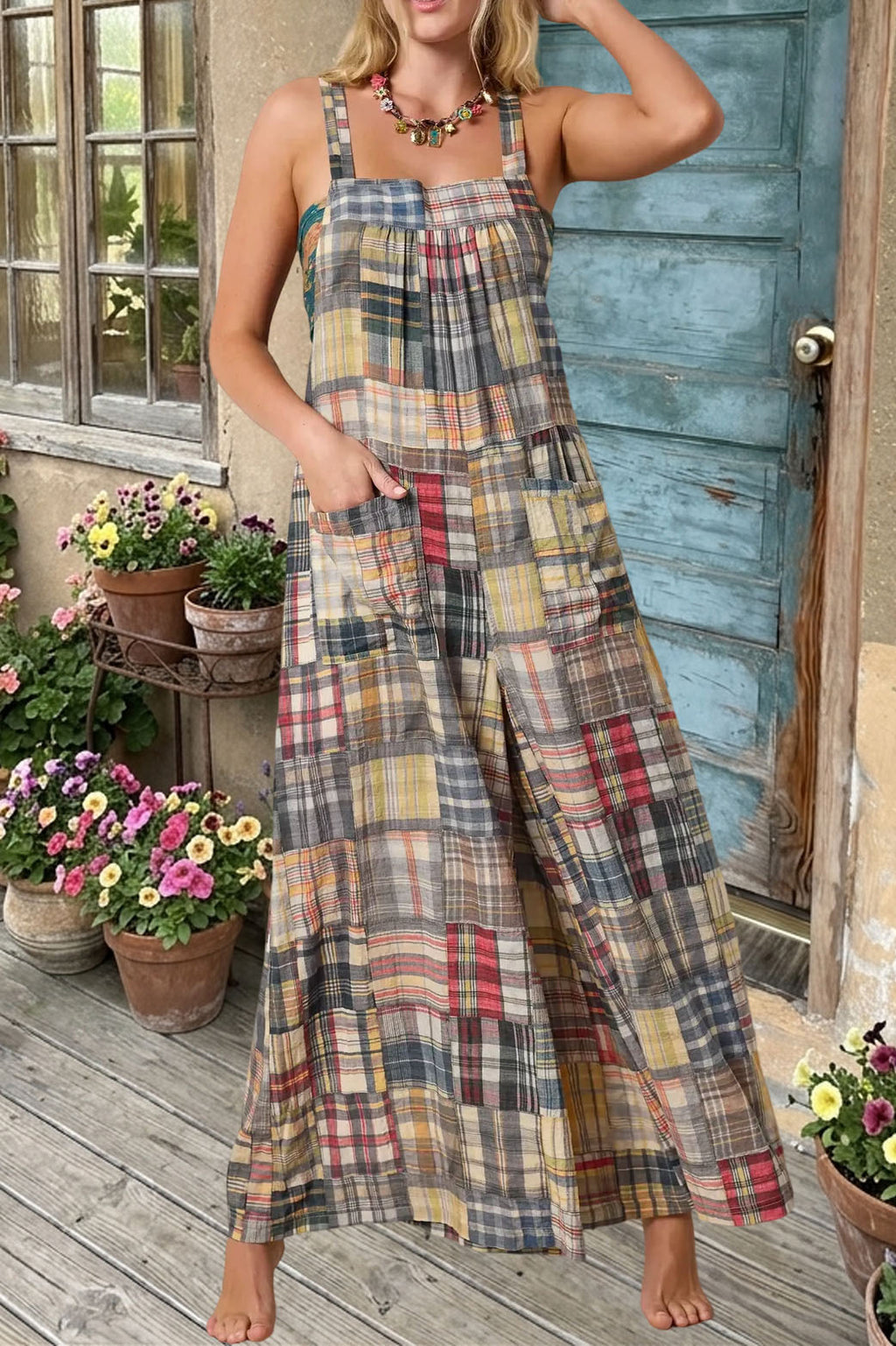 Plaid Patchwork Wide Leg Jumpsuit