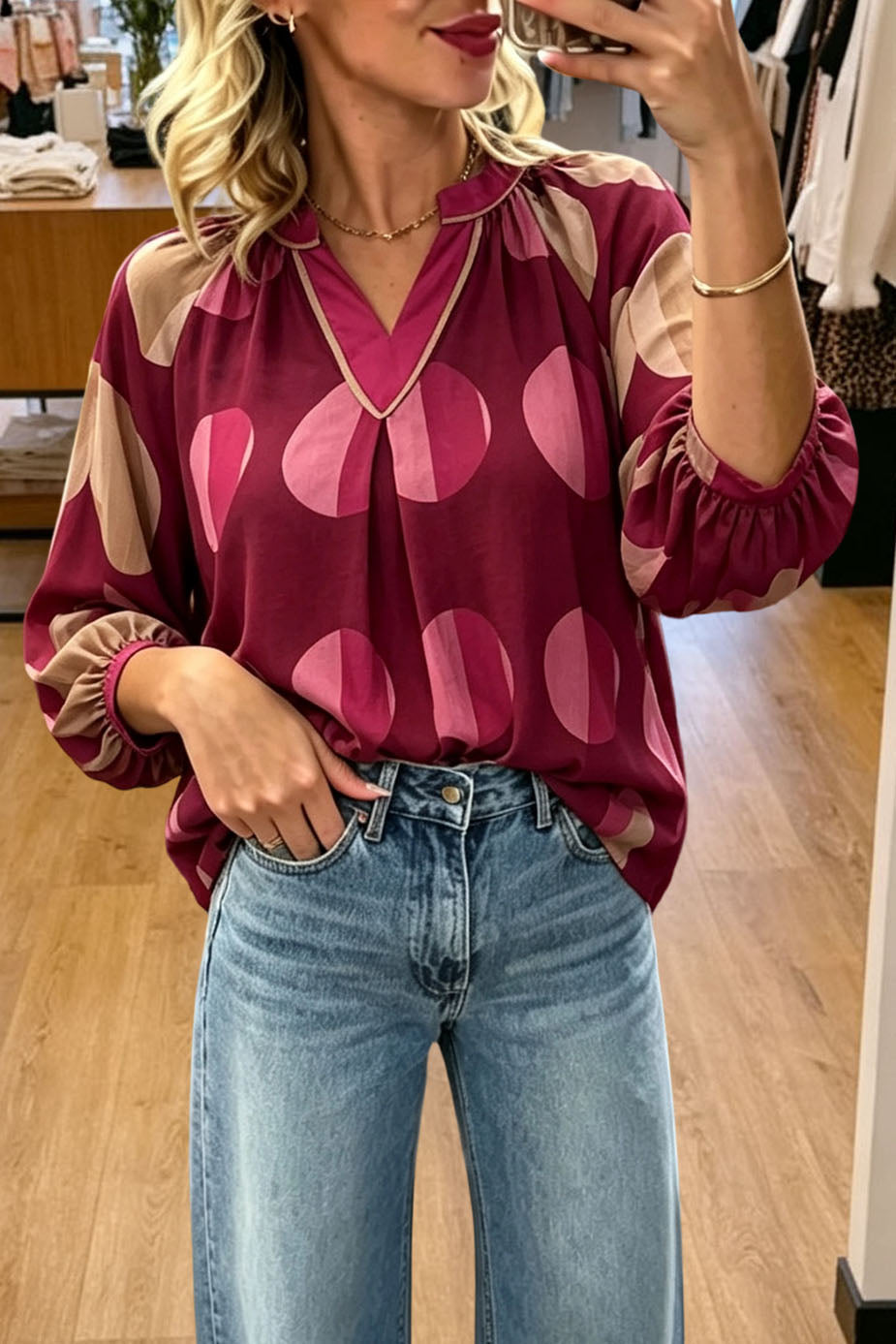 Geometric Print V Neck Blouse
