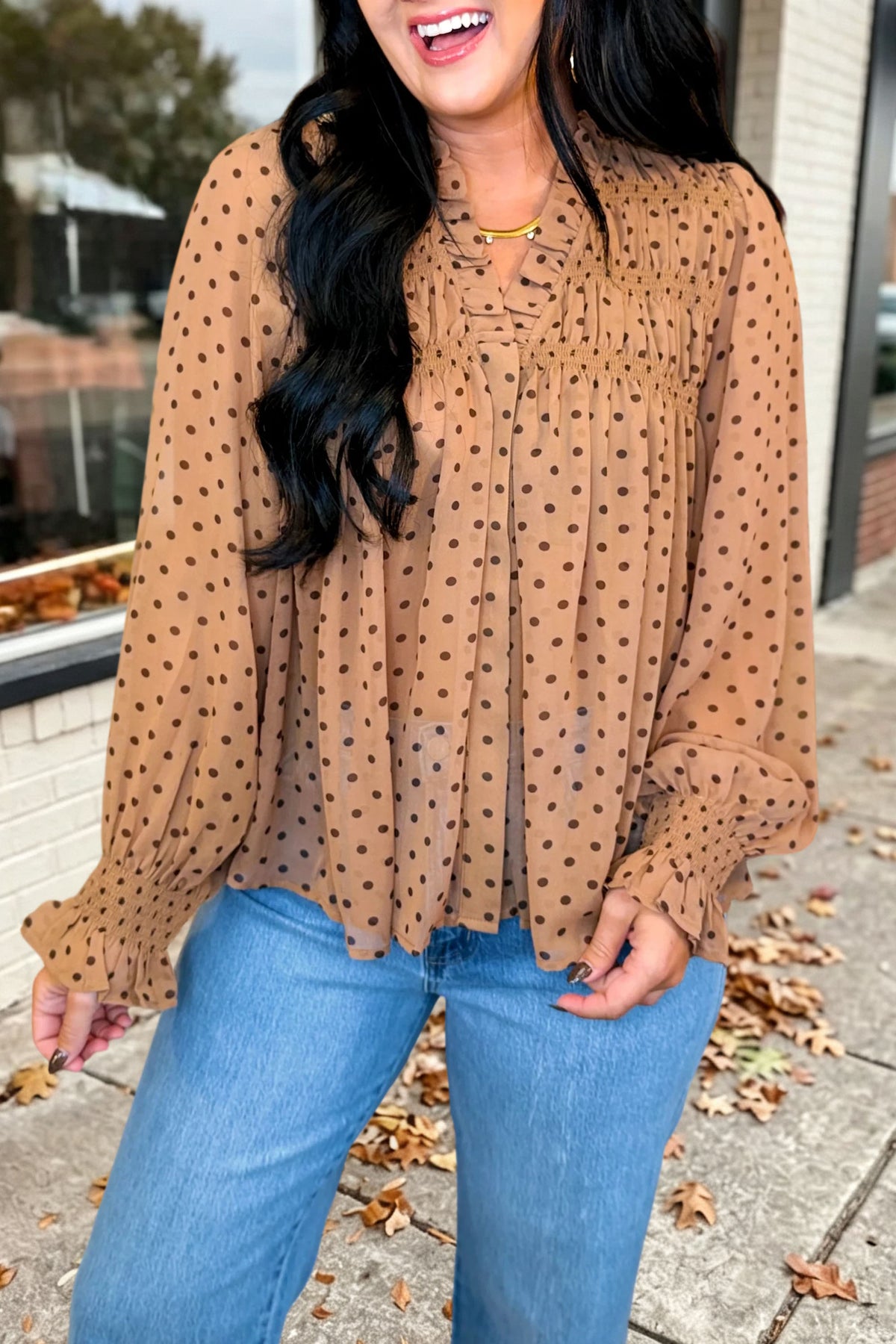 Polka Dot Ruffle Smocked Chiffon Blouse