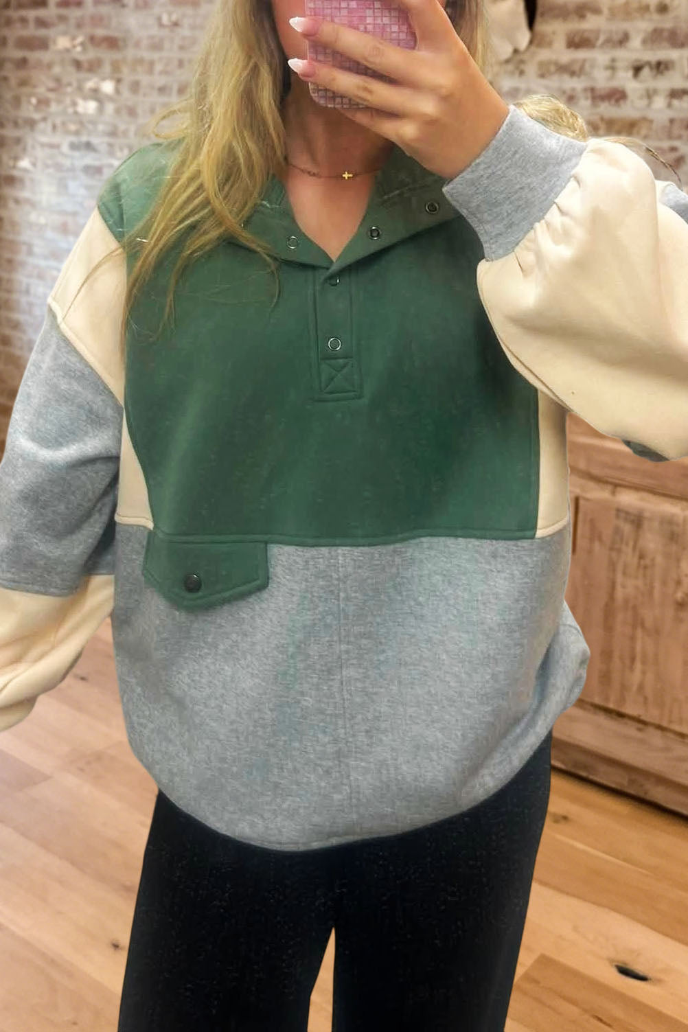 Casual Color Block Button Sweatshirt