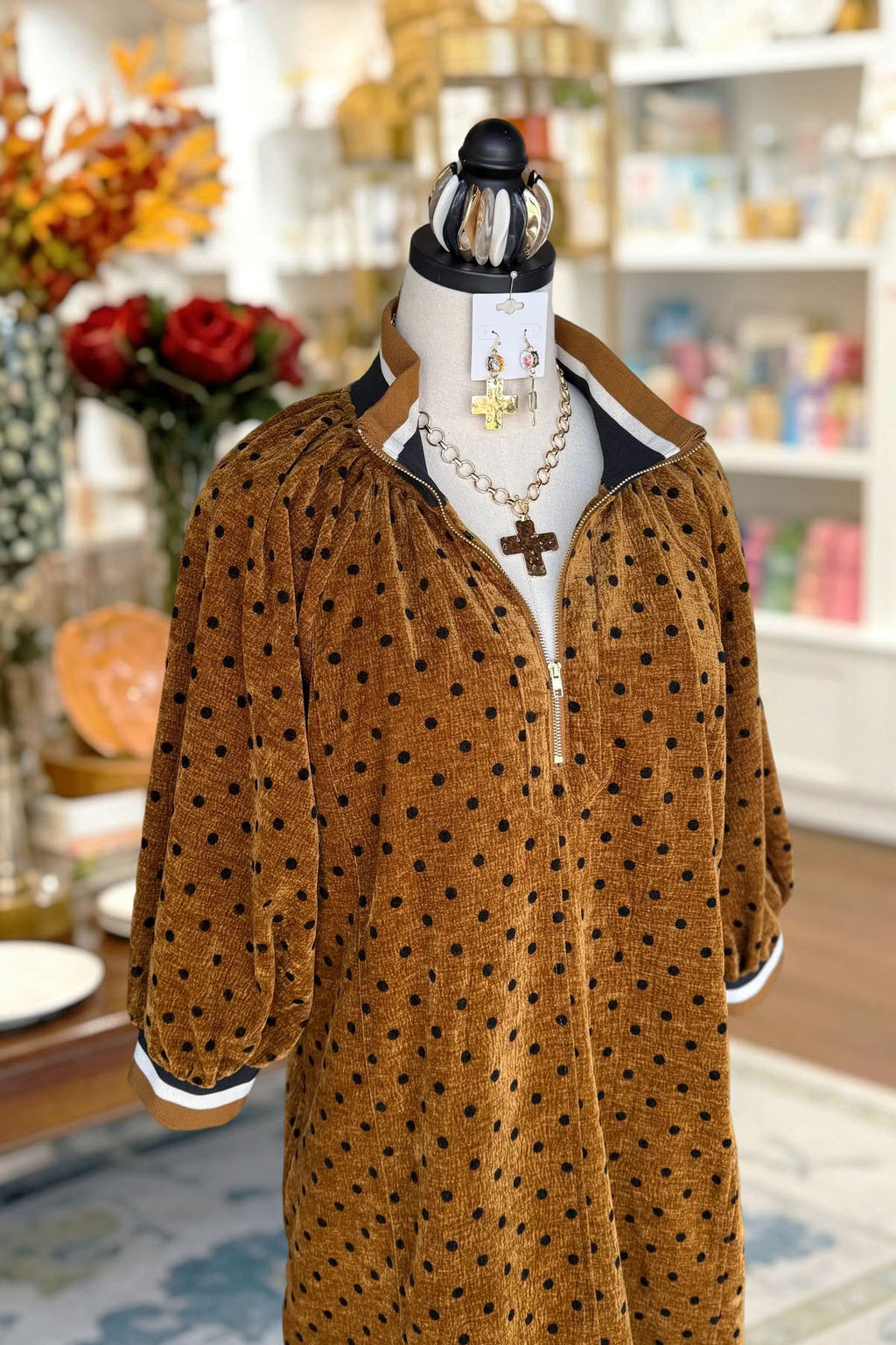 Polka Dot Zipper Corduroy Dress