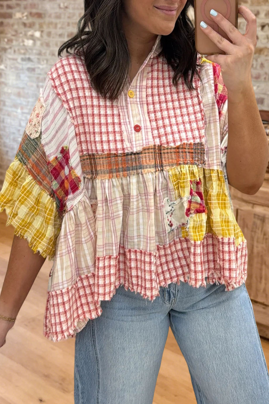 Colorblock Plaid Ruffled Sleeves Blouse