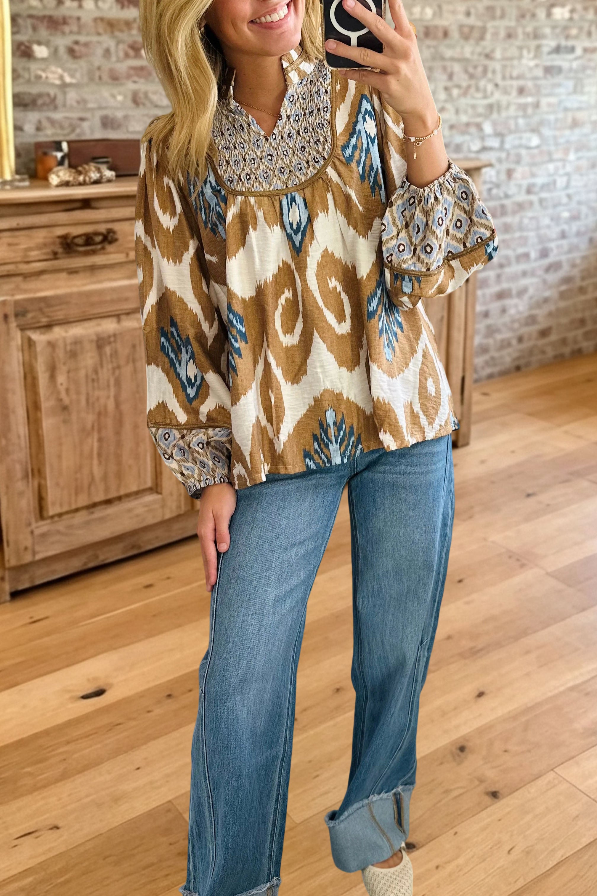 Boho Printed Smocked V-Neck Blouse