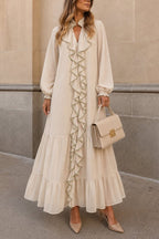 Elegant Ruffle Trim Long Sleeve Maxi Dress