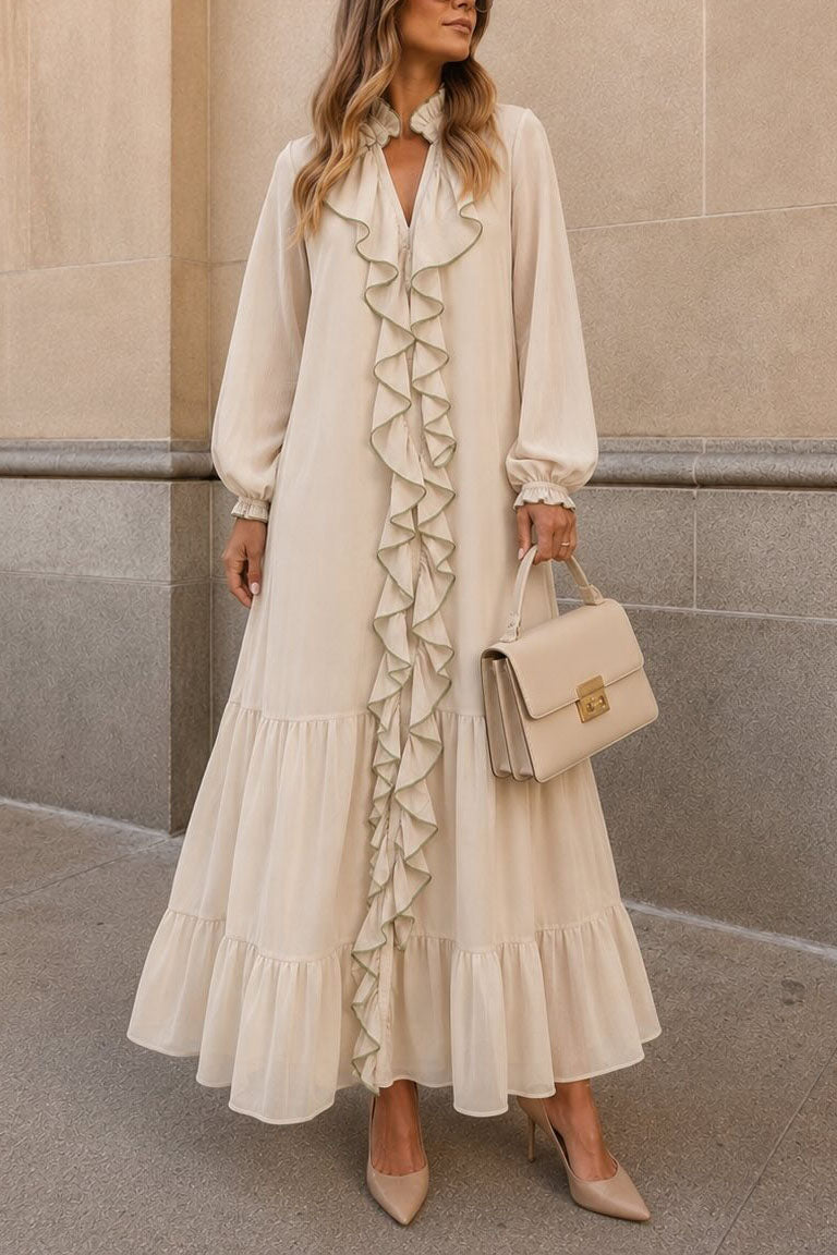 Elegant Ruffle Trim Long Sleeve Maxi Dress