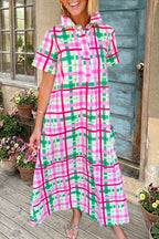 Plaid Lapel Short Sleeve Maxi Dress