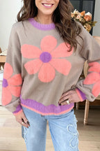 Floral Fuzzy Colorblock Crewneck Sweater