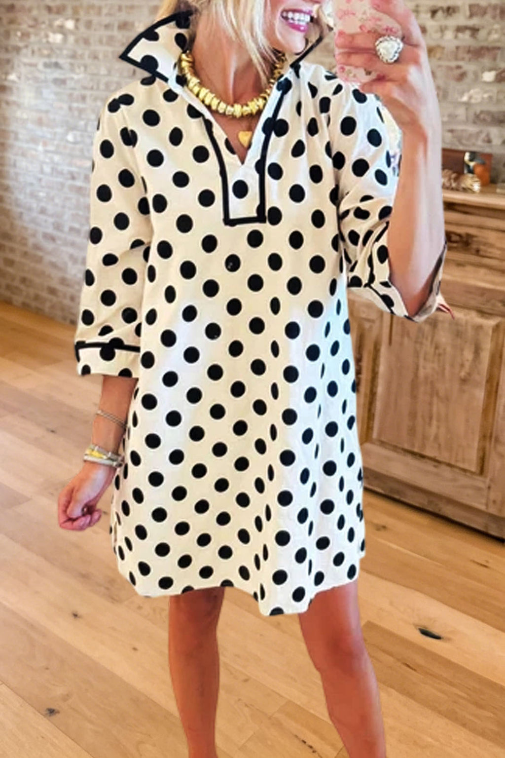 Polka Dot V Neck 3/4 Sleeve Dress