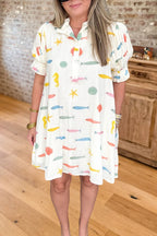 Sea Print Ruffle Puff Sleeve Pocket Dress