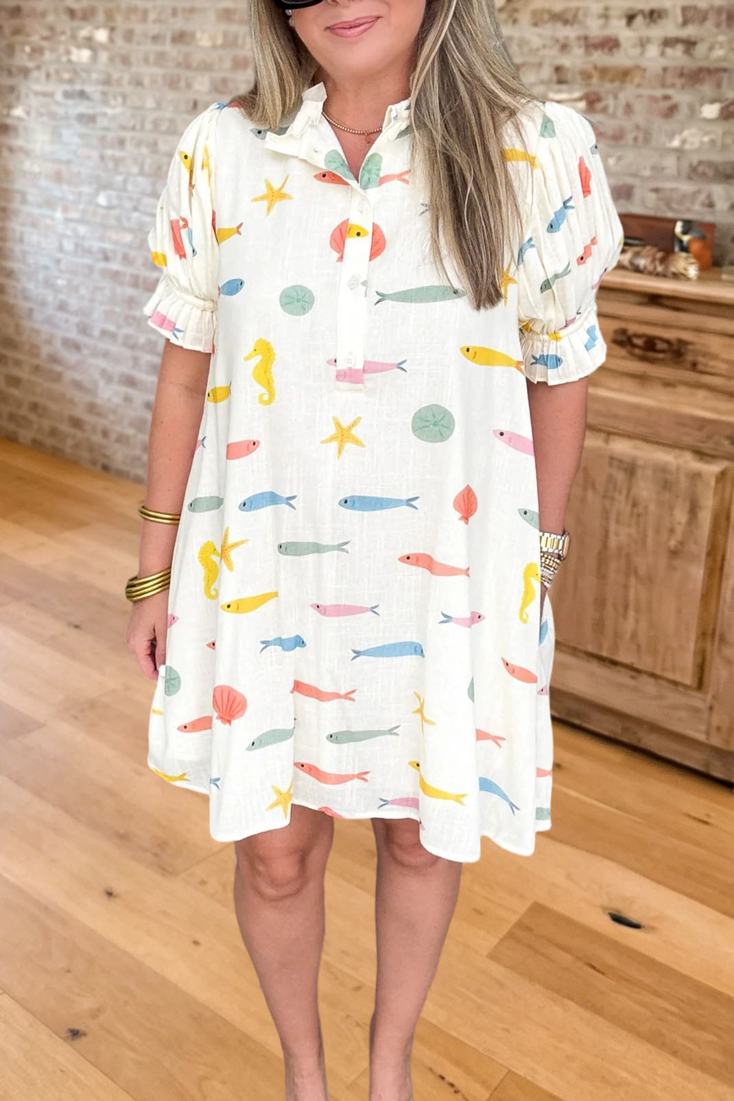 Sea Print Ruffle Puff Sleeve Pocket Dress
