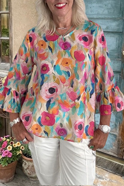Floral Print Ruffle Sleeve Blouse