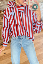 Striped Bow Tie Neck Long Sleeve Blouse