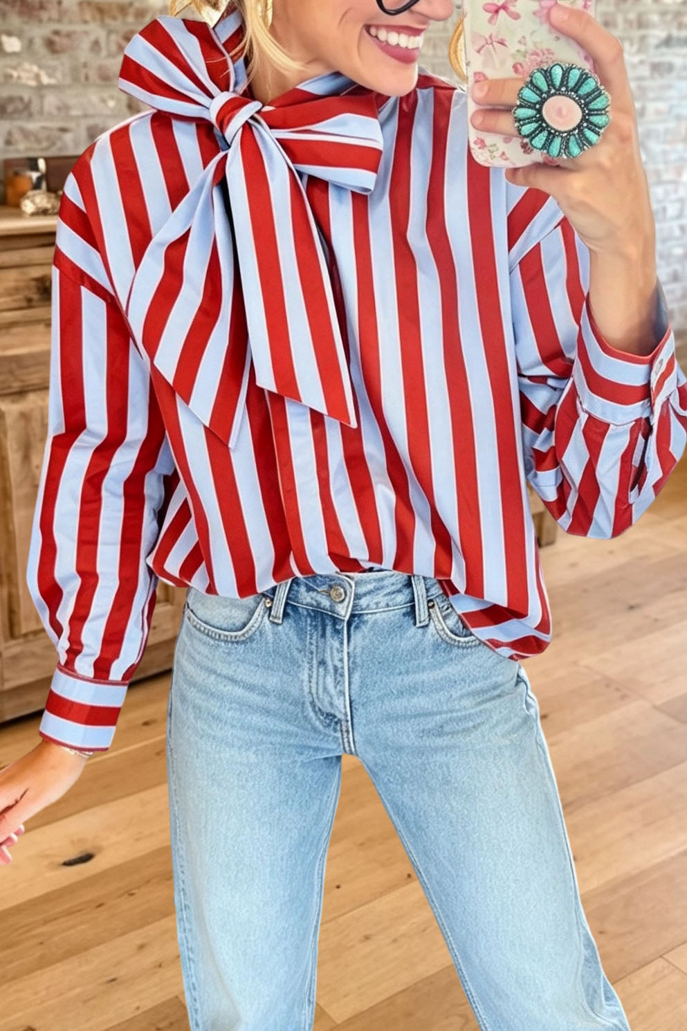 Striped Bow Tie Neck Long Sleeve Blouse