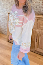 Waffle Knit Floral Patchwork Sweatshirt