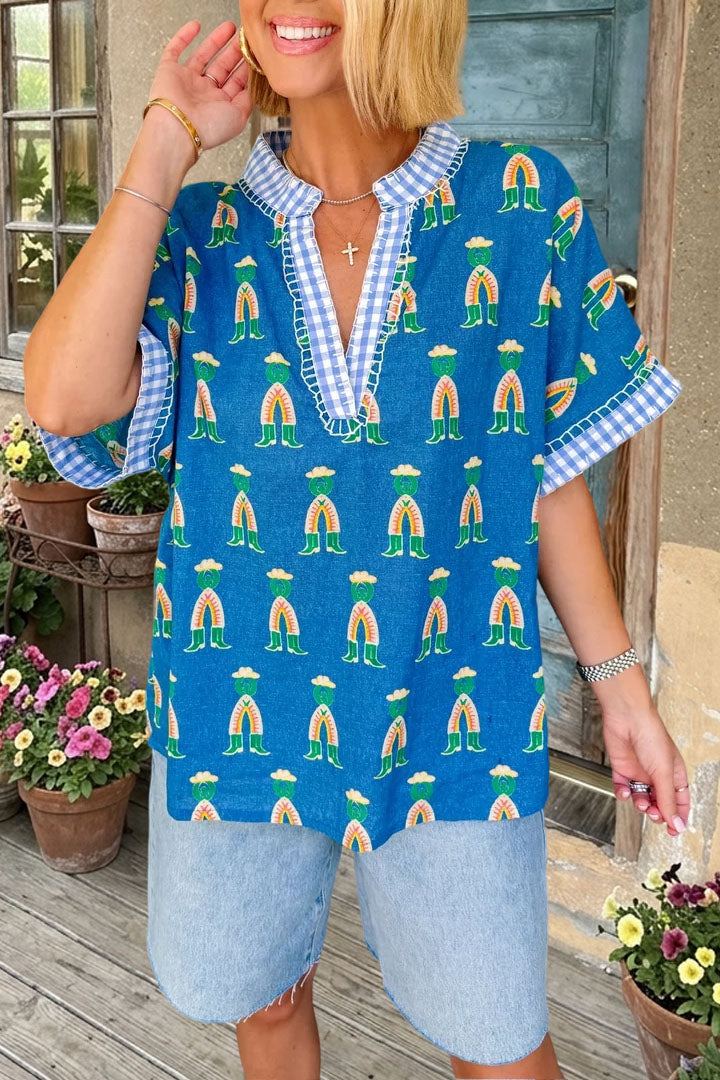 Graphic V-Neck Short Sleeve Blouse