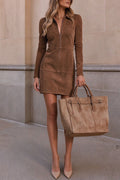 Faux Suede Zipper Long Sleeve Mini Dress