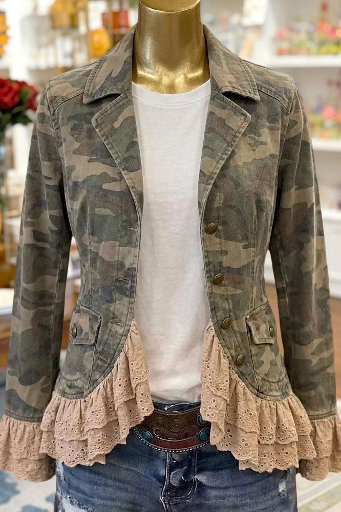 Camo Ruffle Lace Trim Casual Jacket