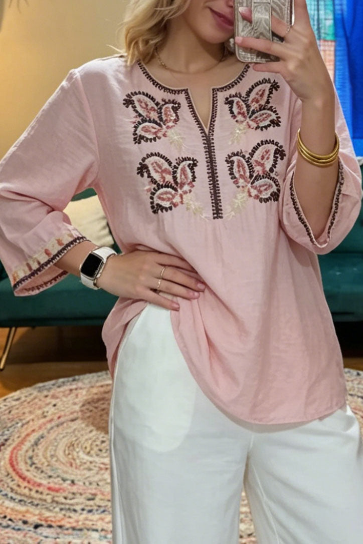 Casual Embroidered V-Neck Casual Blouse