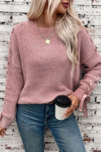 Ribbed Knit Lace-Up Bow Sleeve Sweater