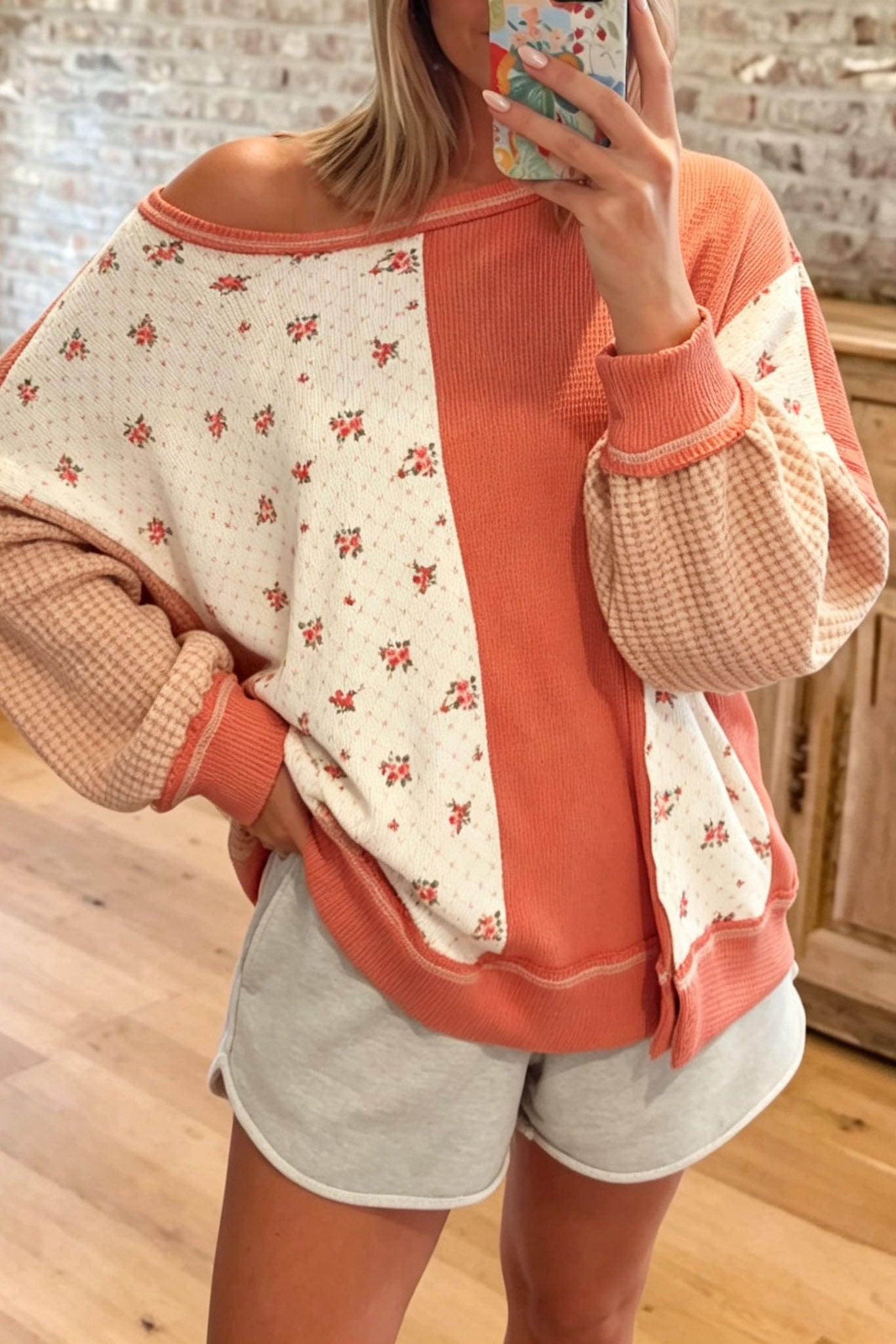 Floral Patchwork Waffle Pullover Top